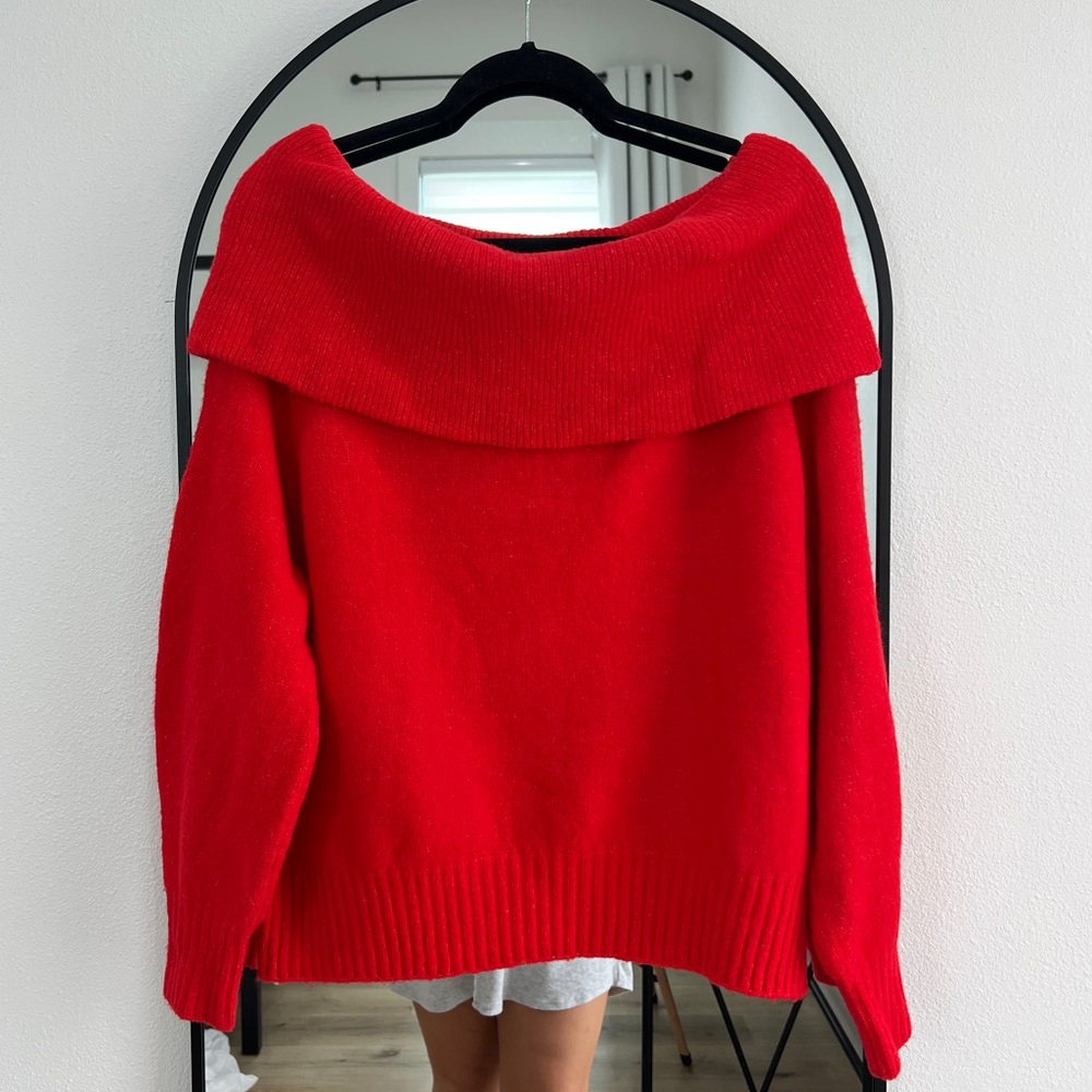 Bright red off shoulder sweater